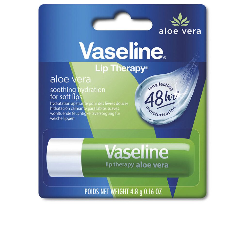 Stick de soin des lèvres Vaseline Lip Therapy Aloe Vera. Emballage vert avec logo et texte.