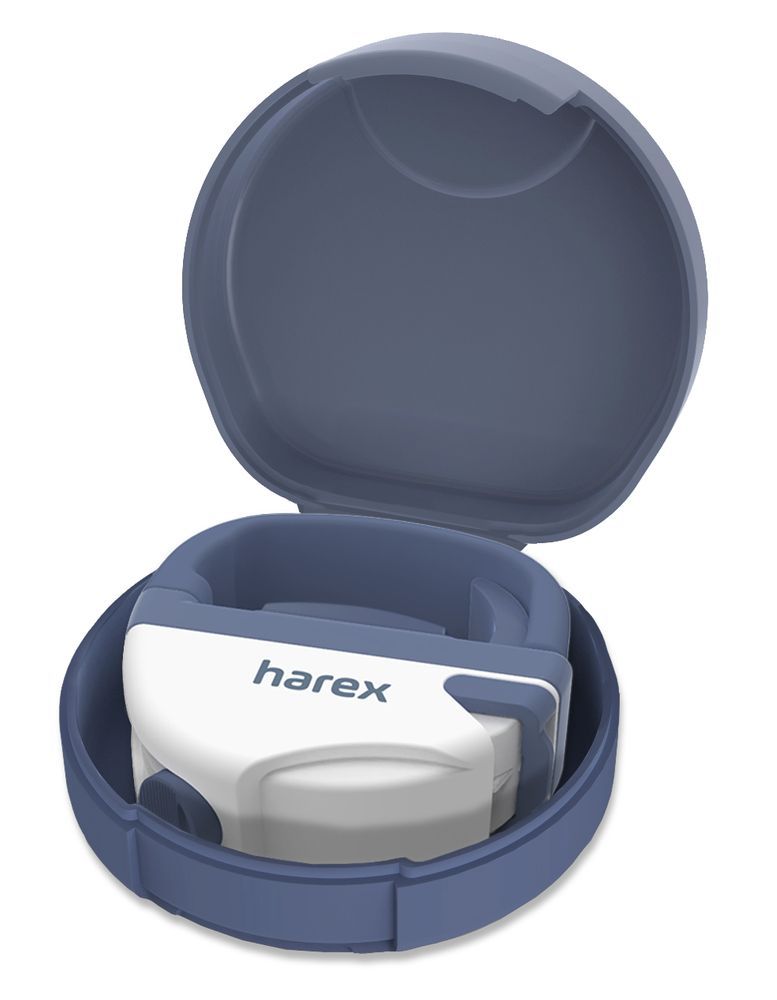 Blauw-wit apparaat in een blauwe ronde doos. Het woord "harex" is zichtbaar.