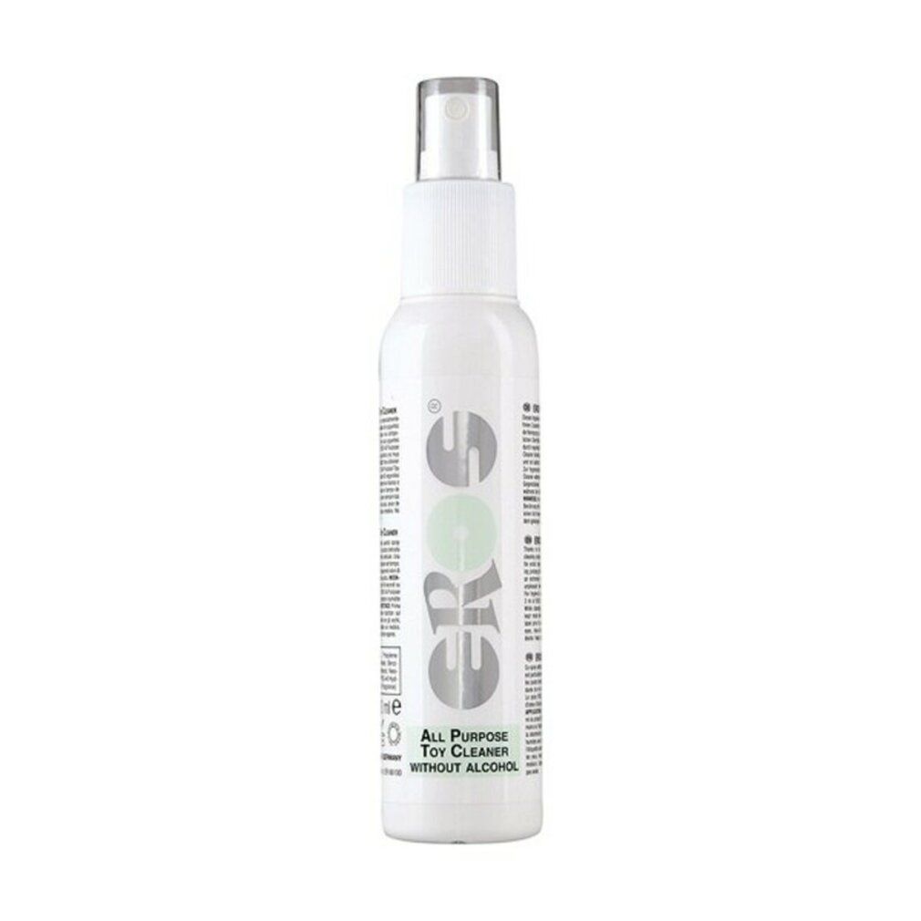 Flacon pulvérisateur blanc avec logo EROS et texte: ALL PURPOSE TOY CLEANER WITHOUT ALCOHOL.