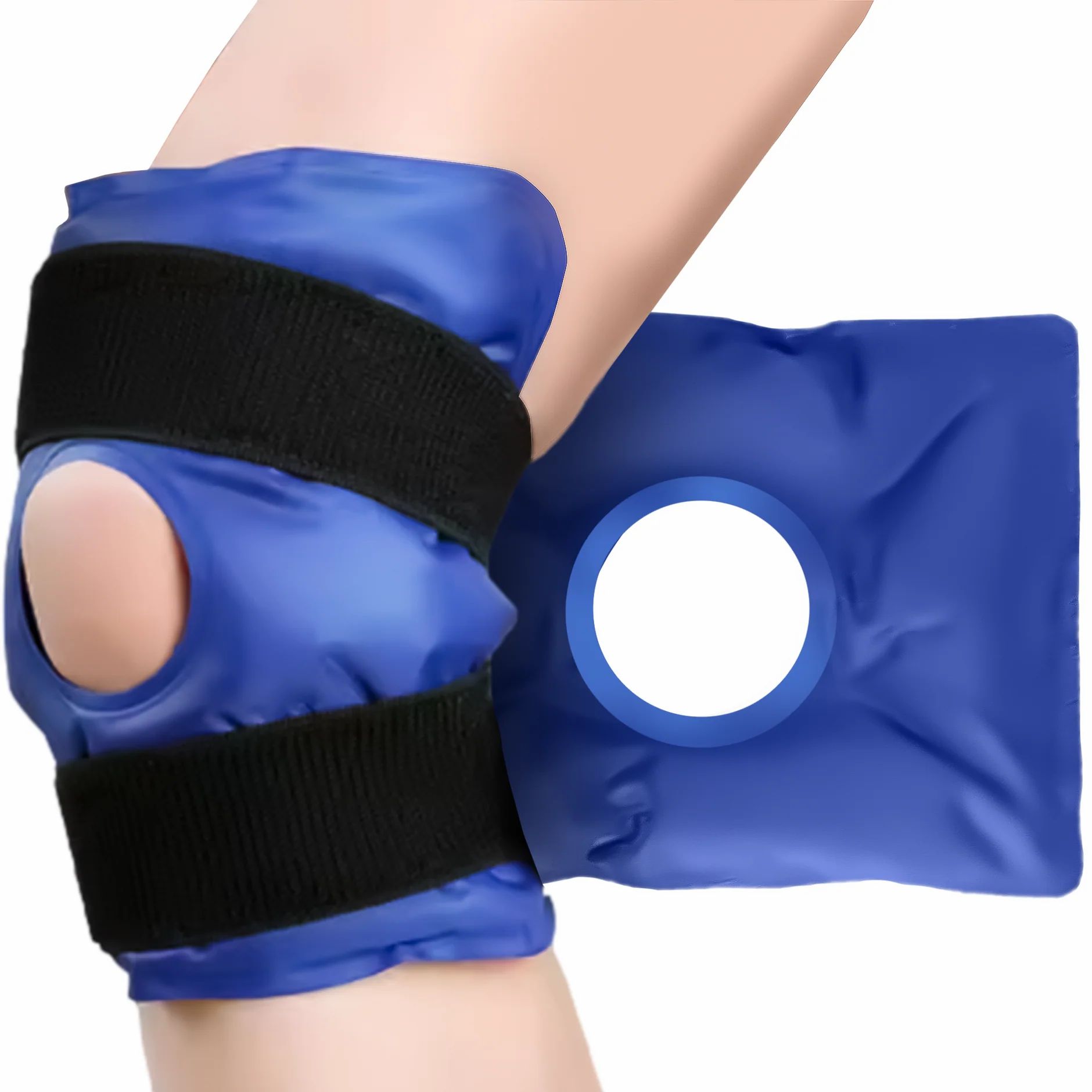 Genouillère bleue avec gelpack et bandes velcro noires. Trou central blanc. Portée sur une jambe.