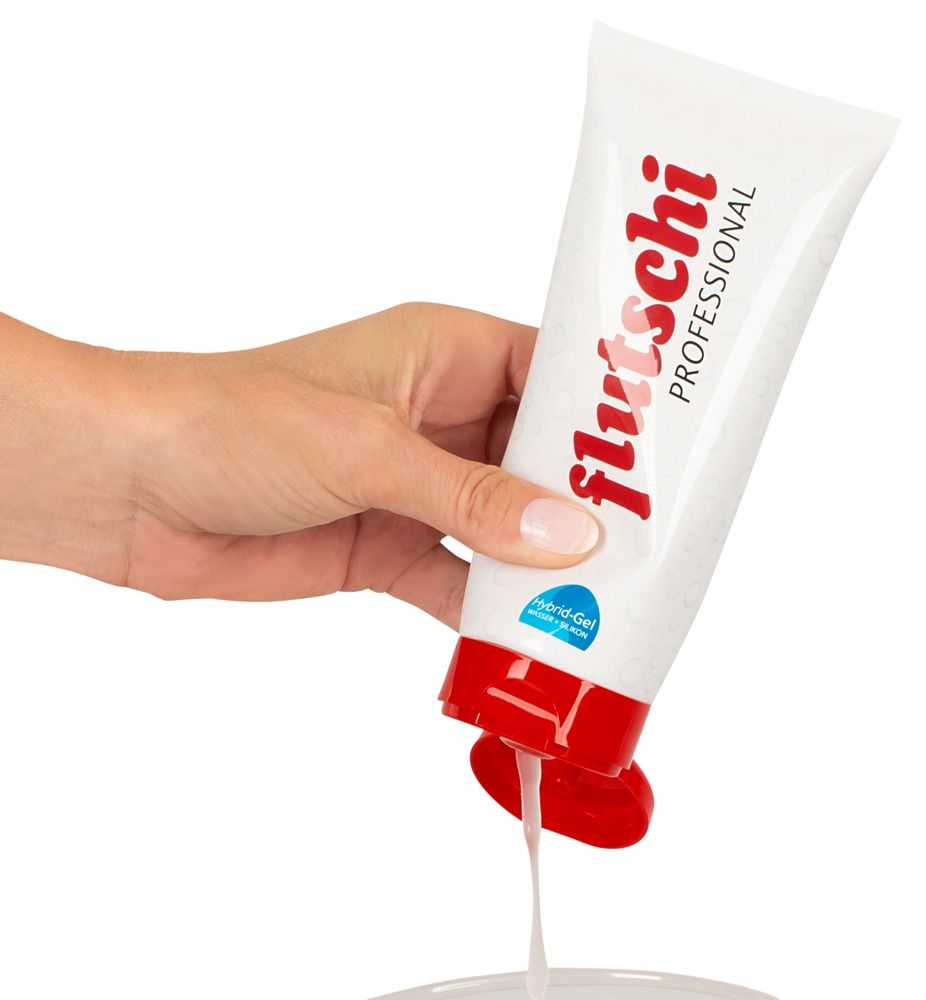 Tube avec bouchon rouge, ouvert. Le gel coule. Inscription : flutschi PROFESSIONAL. Hybrid-Gel.