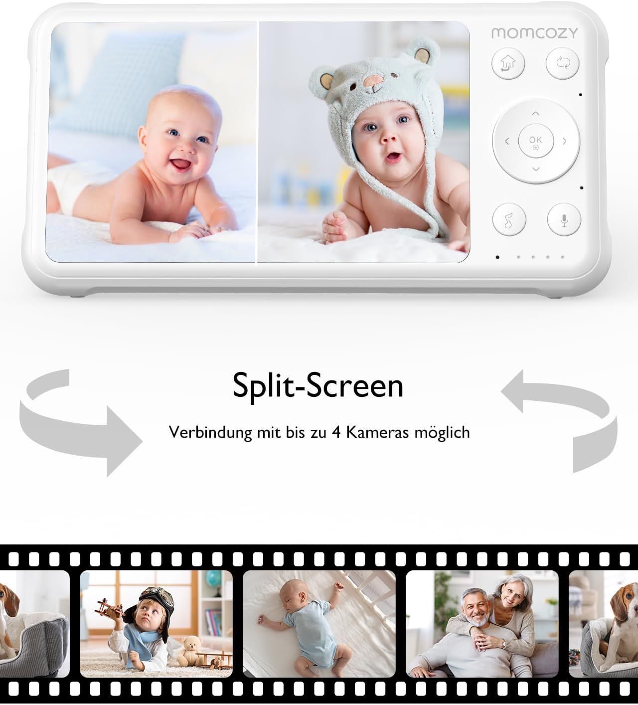 Écran de babyphone avec vue fractionnée de deux bébés.