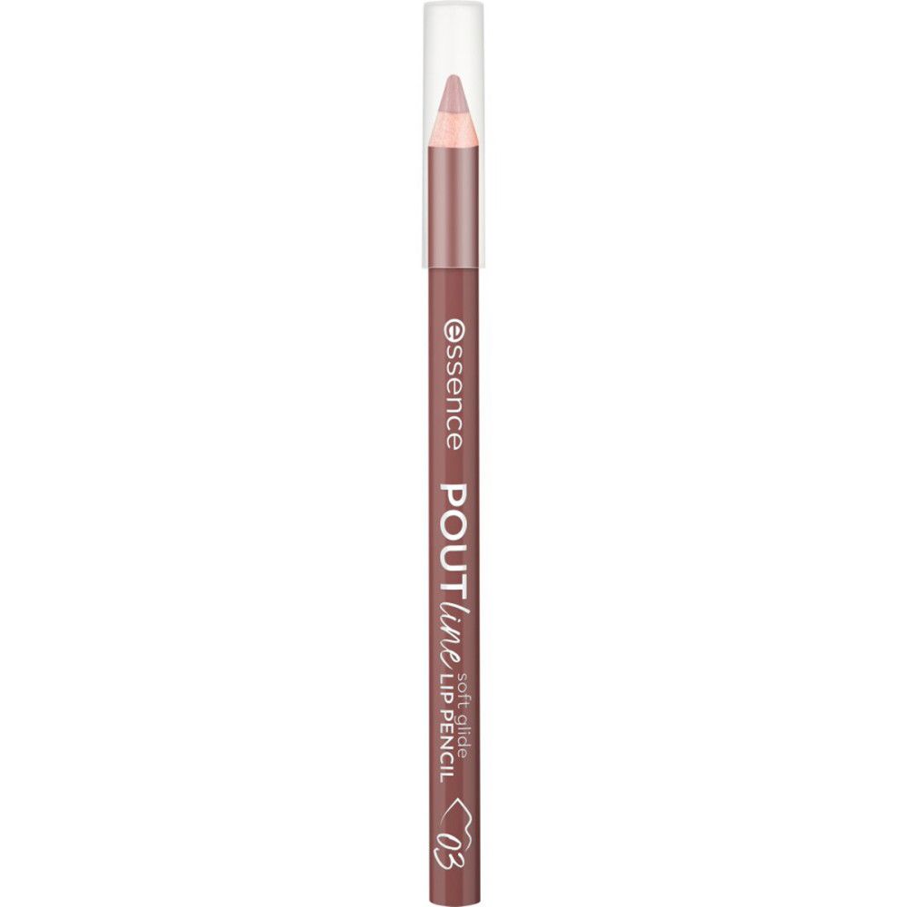 Bruine lippotlood, met transparante dop. Opschrift: Essence, Poutline Soft Glide Lip Pencil, 03.