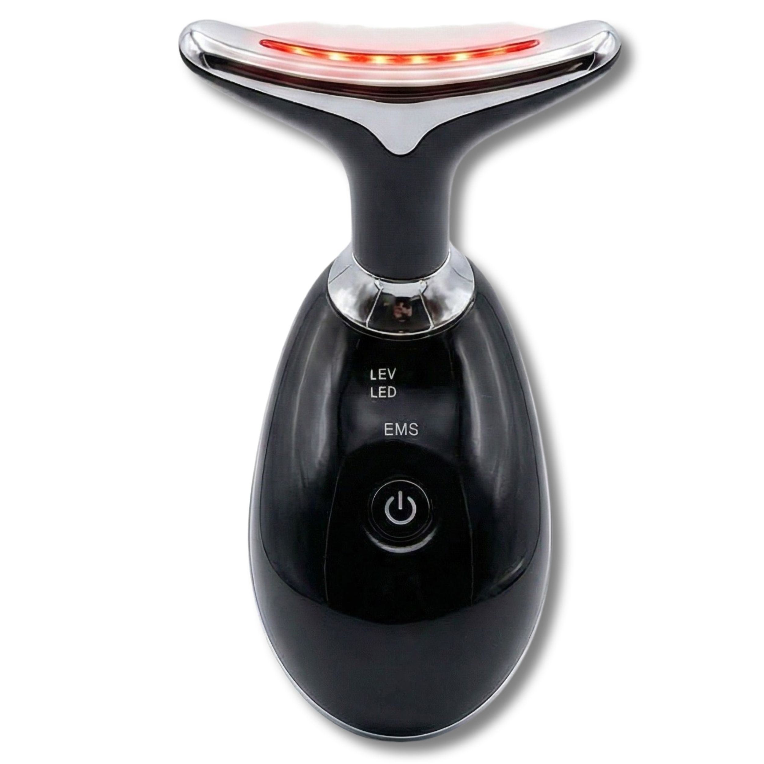 Appareil noir et argenté. Panneau de commande avec LED et bouton marche/arrêt. Lumière rouge sur la tête.