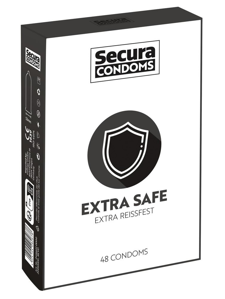 Condoomsverpakking met logo, schildsymbool en opschrift EXTRA SAFE. 48 condooms.