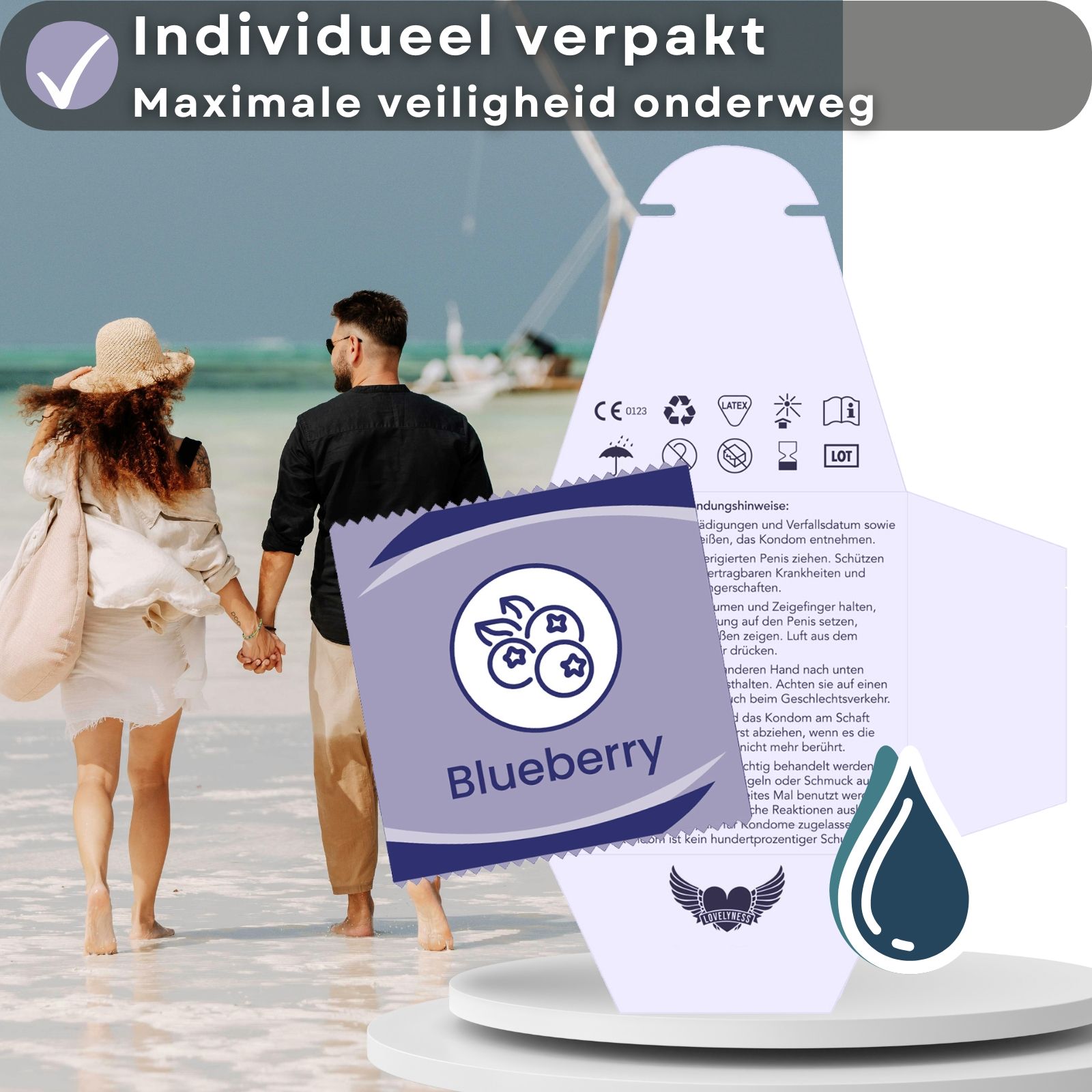 Condooms, individueel verpakt. Maximale veiligheid. Blauwe bessensmaak. Logo met vleugels en hart.