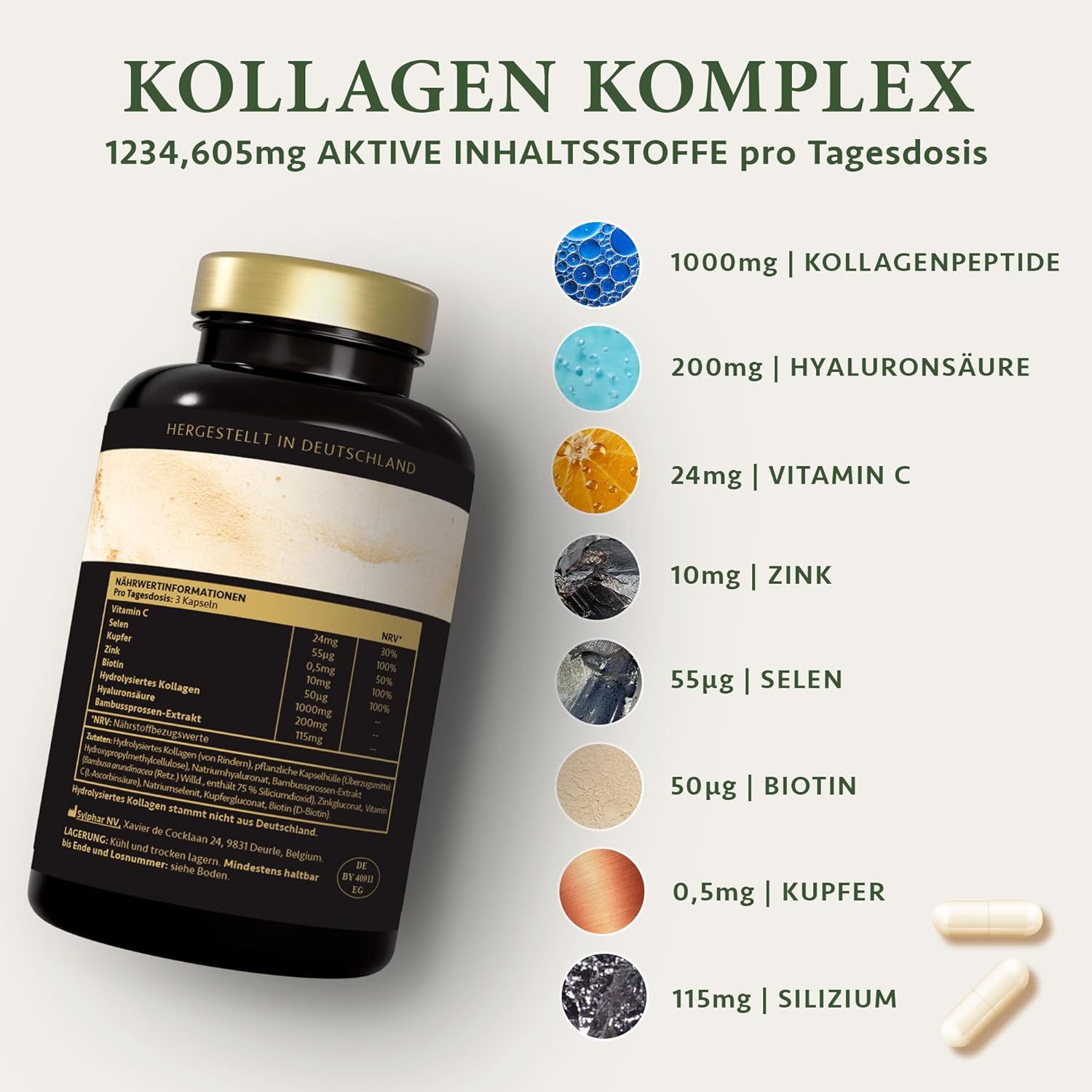 Bruine fles met capsules. Tekst: KOLLAGEN KOMPLEX, 1234,605mg ACTIEVE INGREDIËNTEN. Ingrediënten.