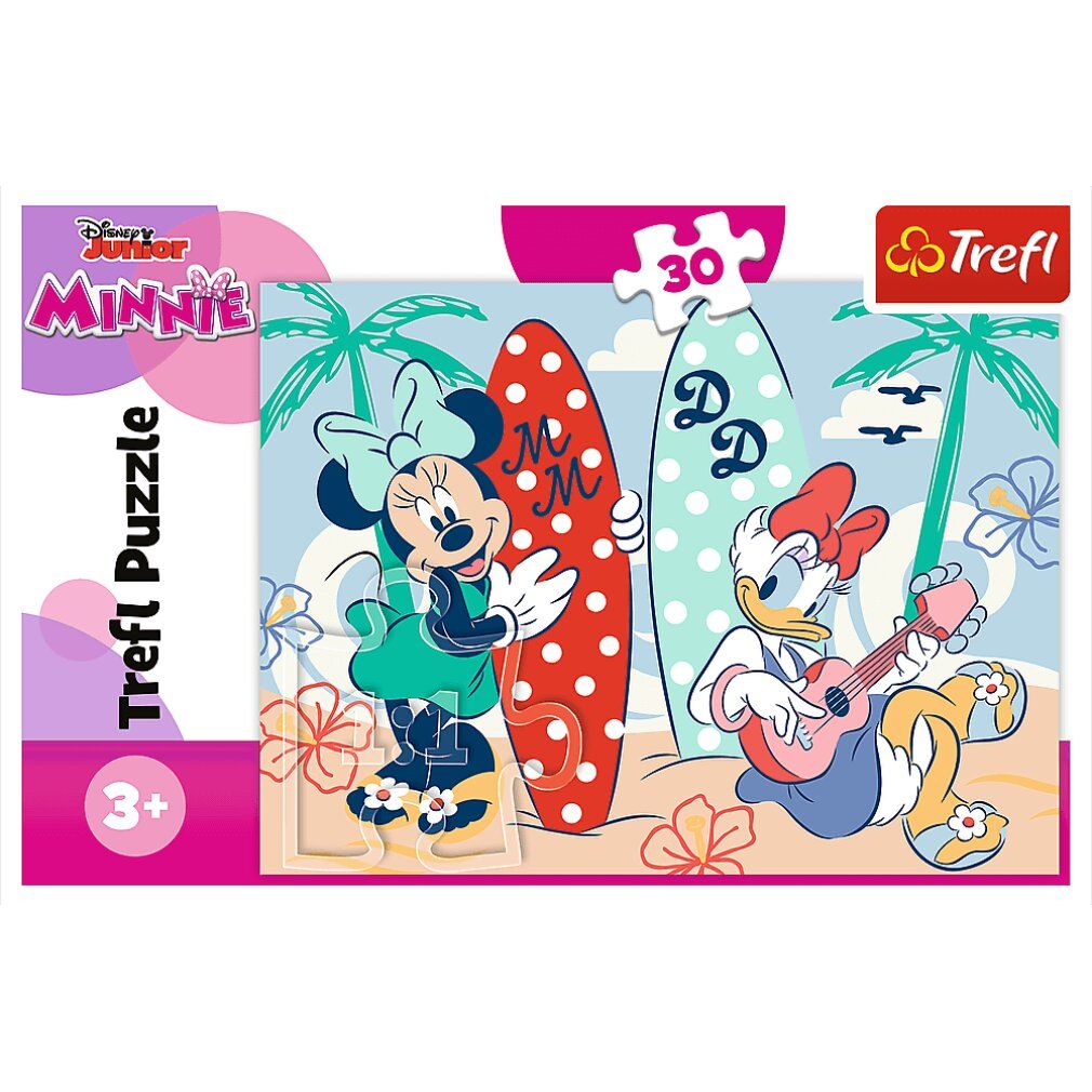 Puzzle Trefl Minnie, 30 pièces. Emballage avec Minnie et Daisy à la plage. Logo Disney Junior.