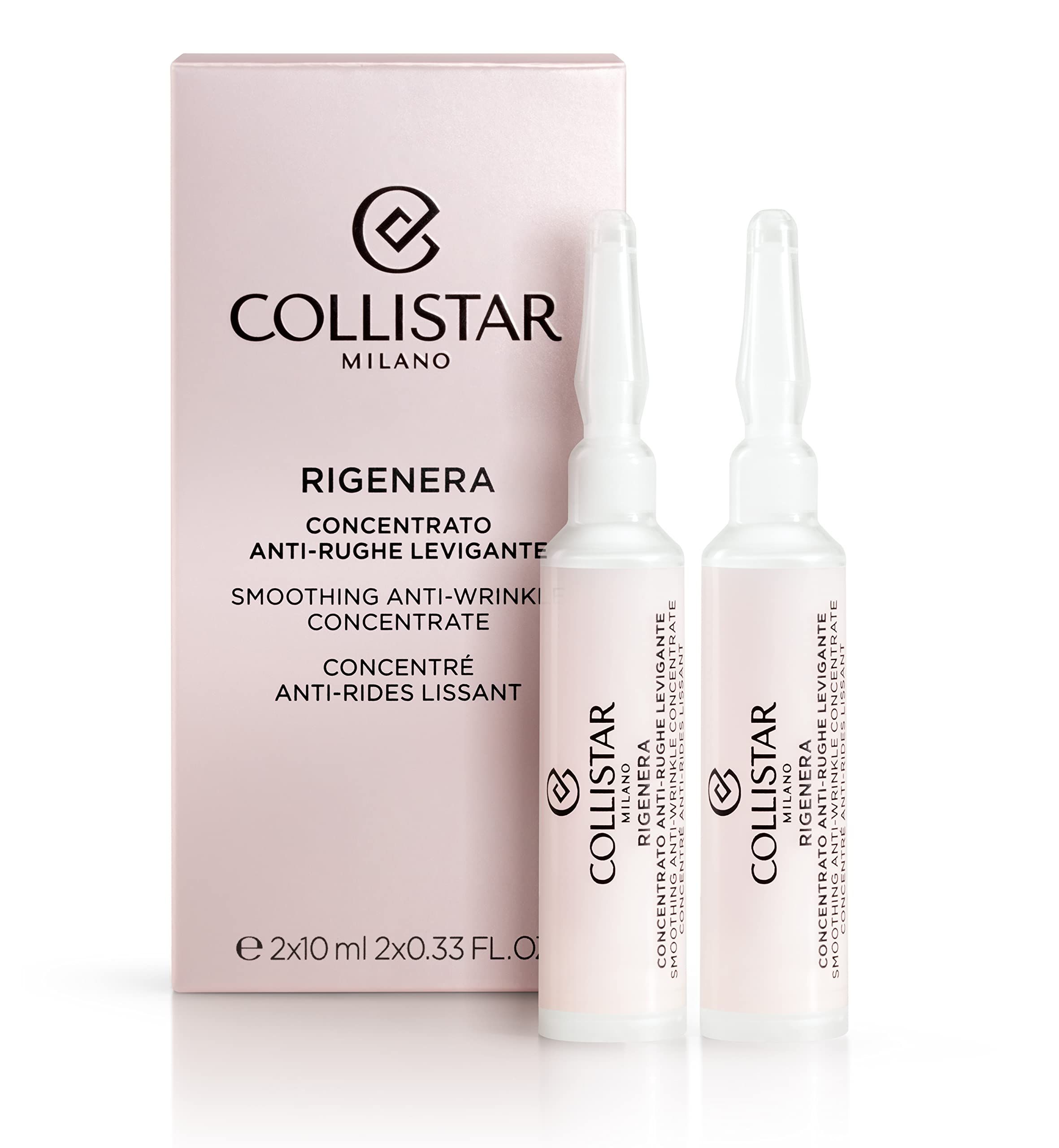 Deux ampoules et un emballage. Inscription : Collistar Milano Rigenera Concentrato Antirughe Levigante.