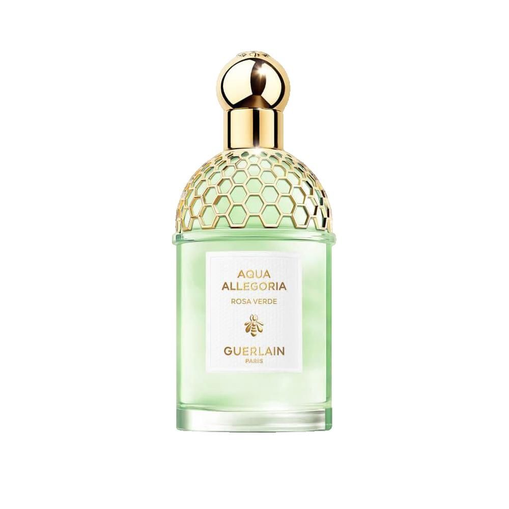 Flacon en verre vert avec bouchon doré. Inscription: Aqua Allegoria Rosa Verde, Guerlain.