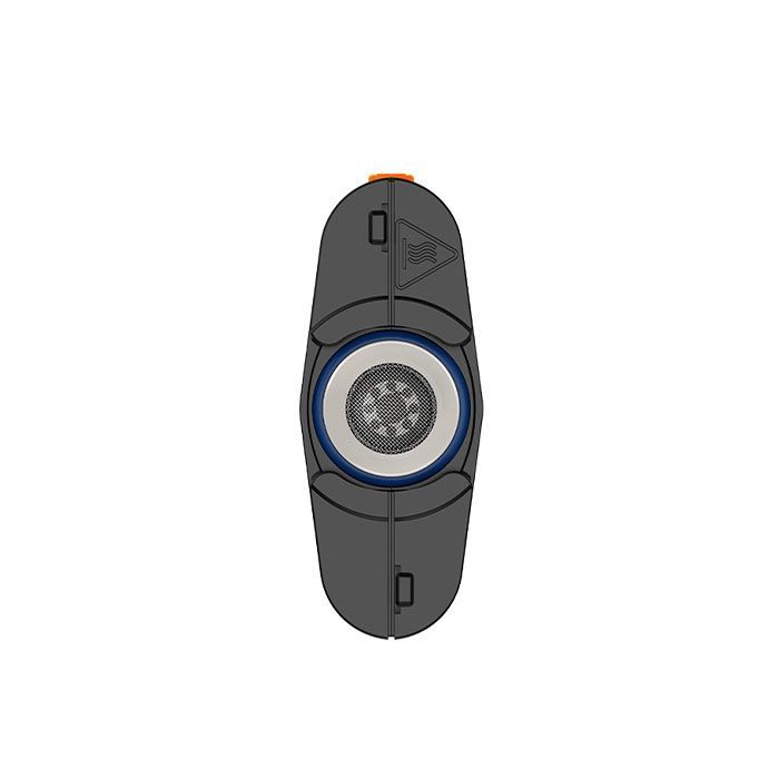 Bovenaanzicht van de MIGHTY+ Vaporizer, met het mondstuk en de ventilatiesleuven.