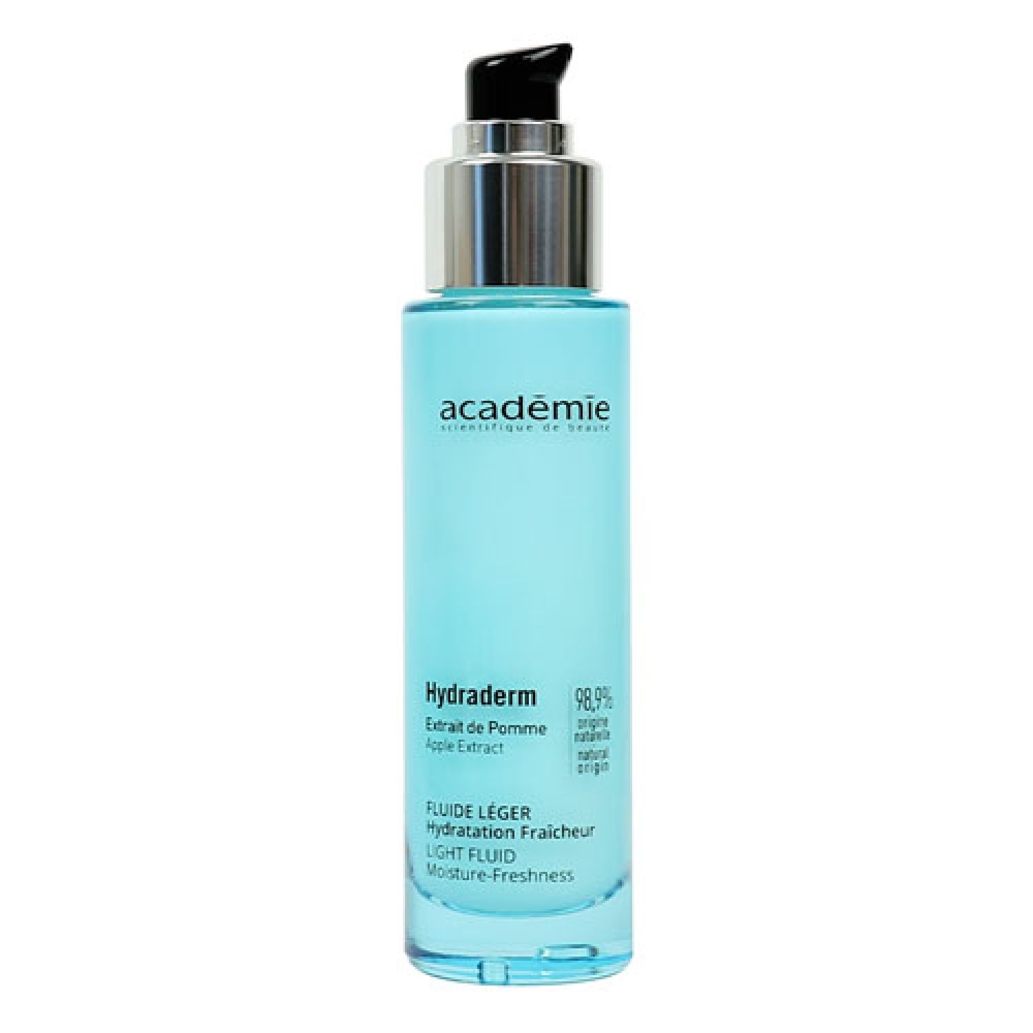 Lichtblauwe fles met zwarte pomp. Opschriften: Académie, Hydraderm, Extrait de Pomme, Fluide Léger, Hydratation Fraicheur, Light Fluid.