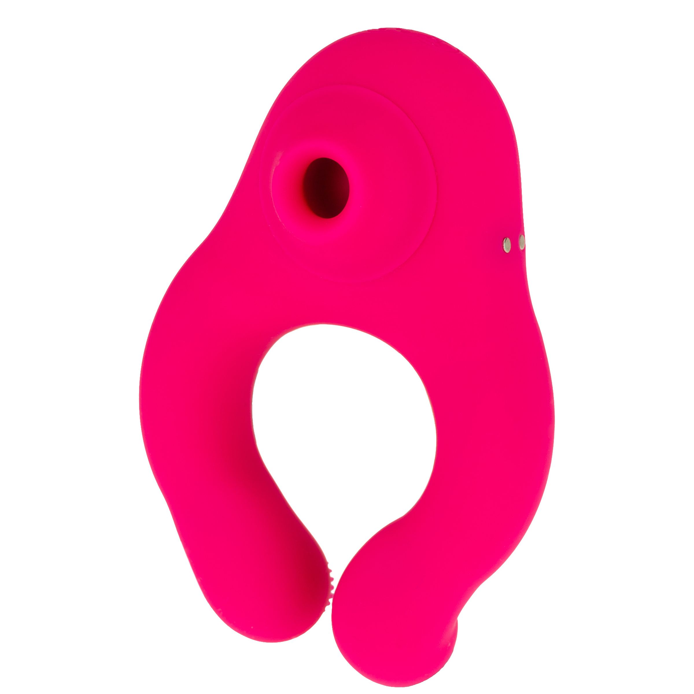 Roze product met cirkelvormige opening en twee gebogen uiteinden. Twee kleine knoppen.