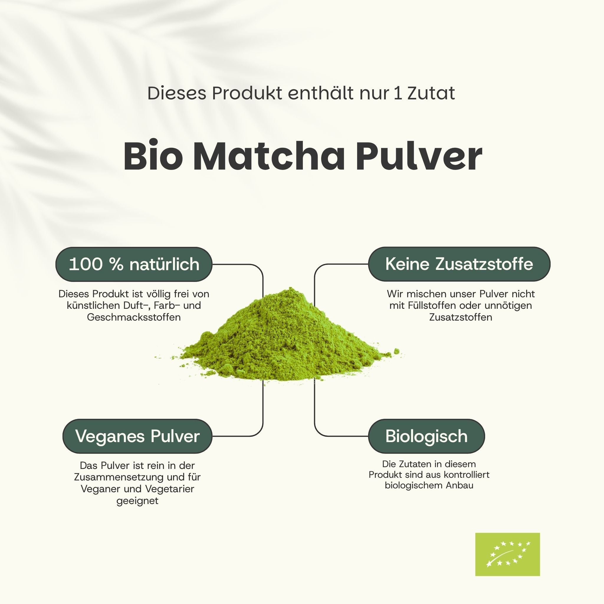 Schéma de poudre de matcha bio. Texte : Un seul ingrédient. 100% naturel, sans additifs, poudre végétalienne, biologique.