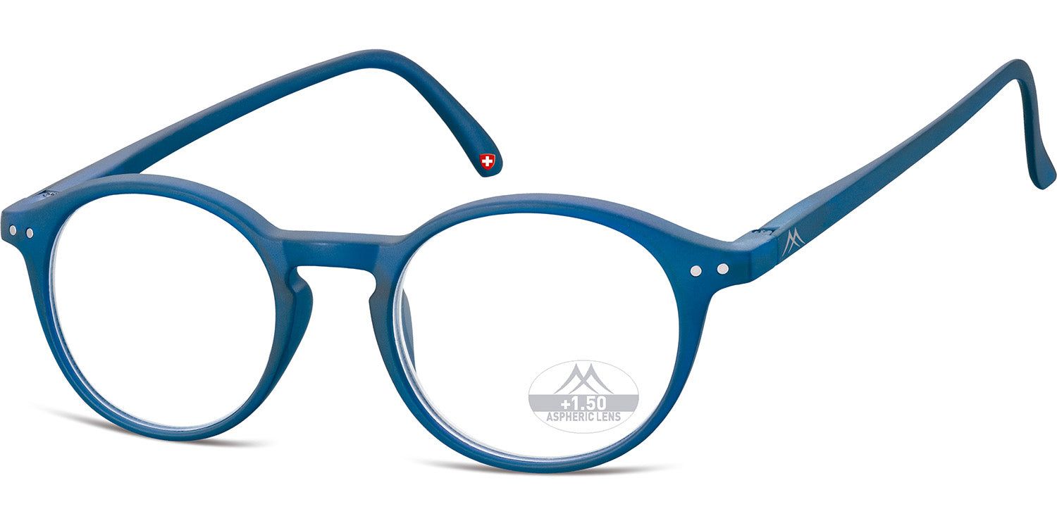 Lunettes bleues à monture ronde. Marque "+1.50" sur le verre droit.