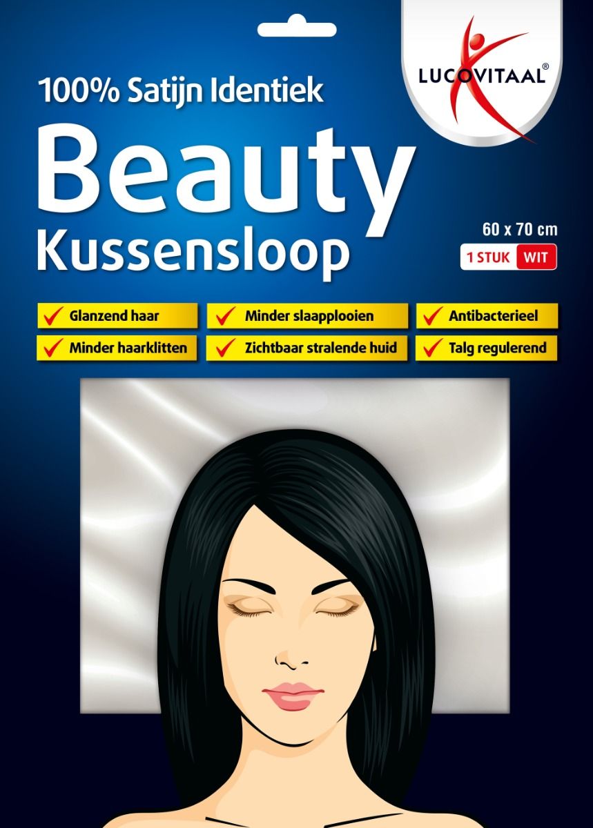 Verpakking met witte kussensloop 60x70cm. Tekst: Beauty, 100% Satin Identiek, Lucovitaal. Vrouw met glanzend haar. Voordelen: minder haar klitten, glanzend haar.