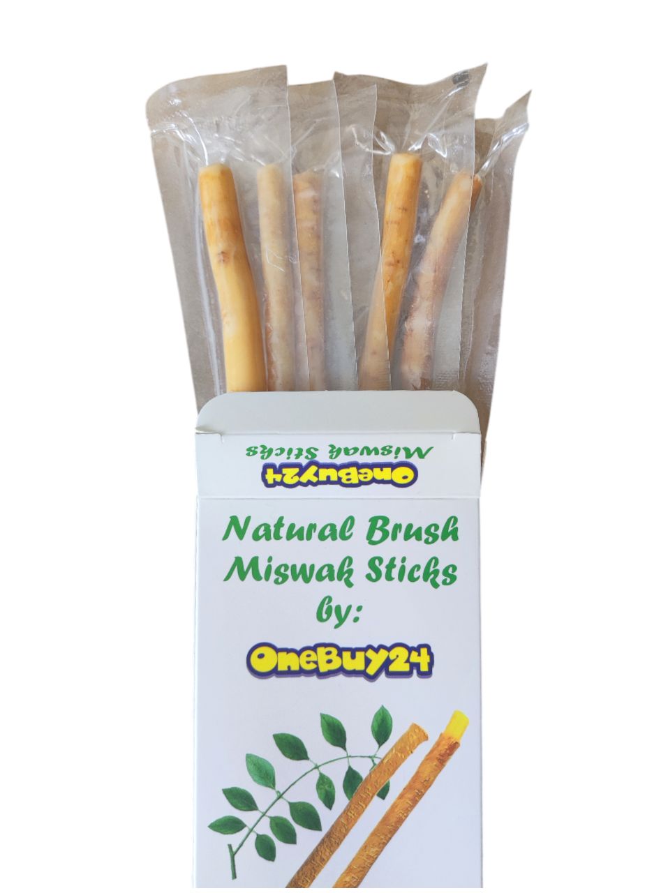 Boîte de bâtonnets de siwak. Inscription: Natural Brush Miswak Sticks by: OneBuy24. Bâtonnets emballés individuellement.