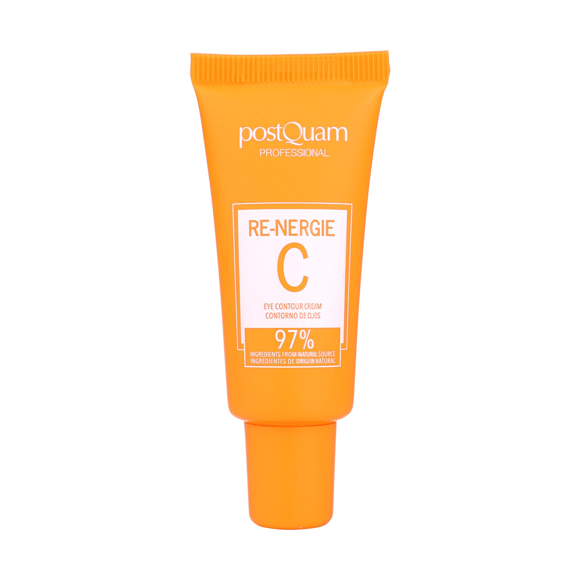 Postquam Re-Nergie C crème contour des yeux. Tube orange avec étiquette blanche. Texte: Eye Contour Cream, 97% ingrédients naturels.