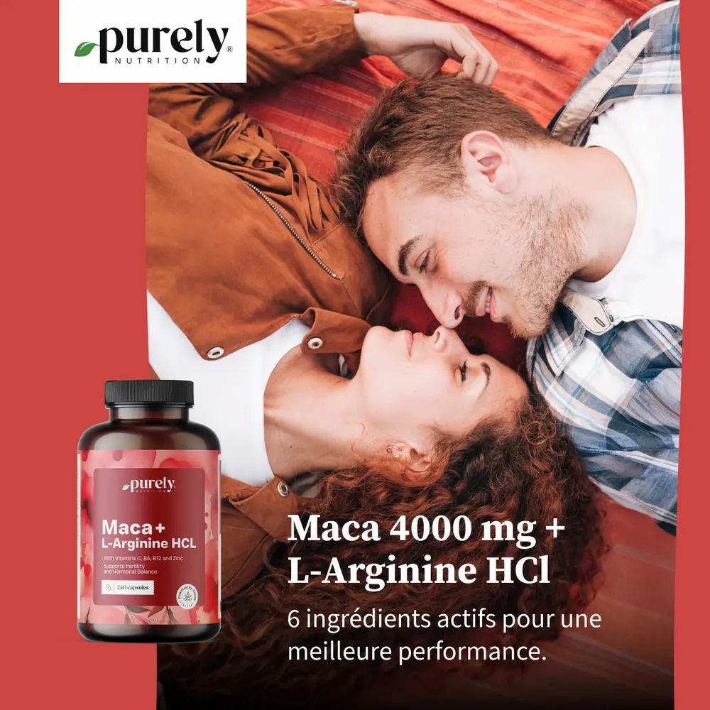 Couple allongé sur une couverture. Flacon marron avec capsules. Inscription: Maca + L-Arginine HCl. 6 ingrédients.