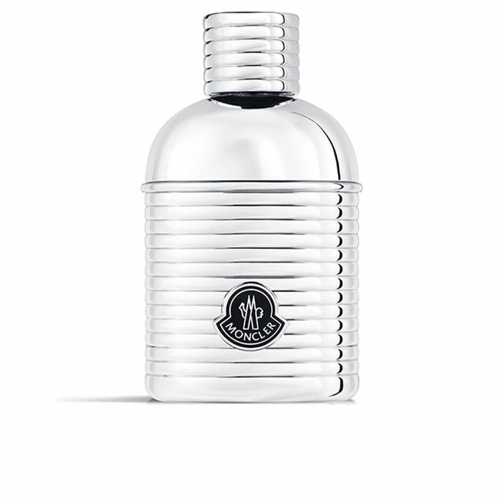 Flacon argenté avec surface cannelée. Logo Moncler. Bouchon cannelé. Eau de Parfum.