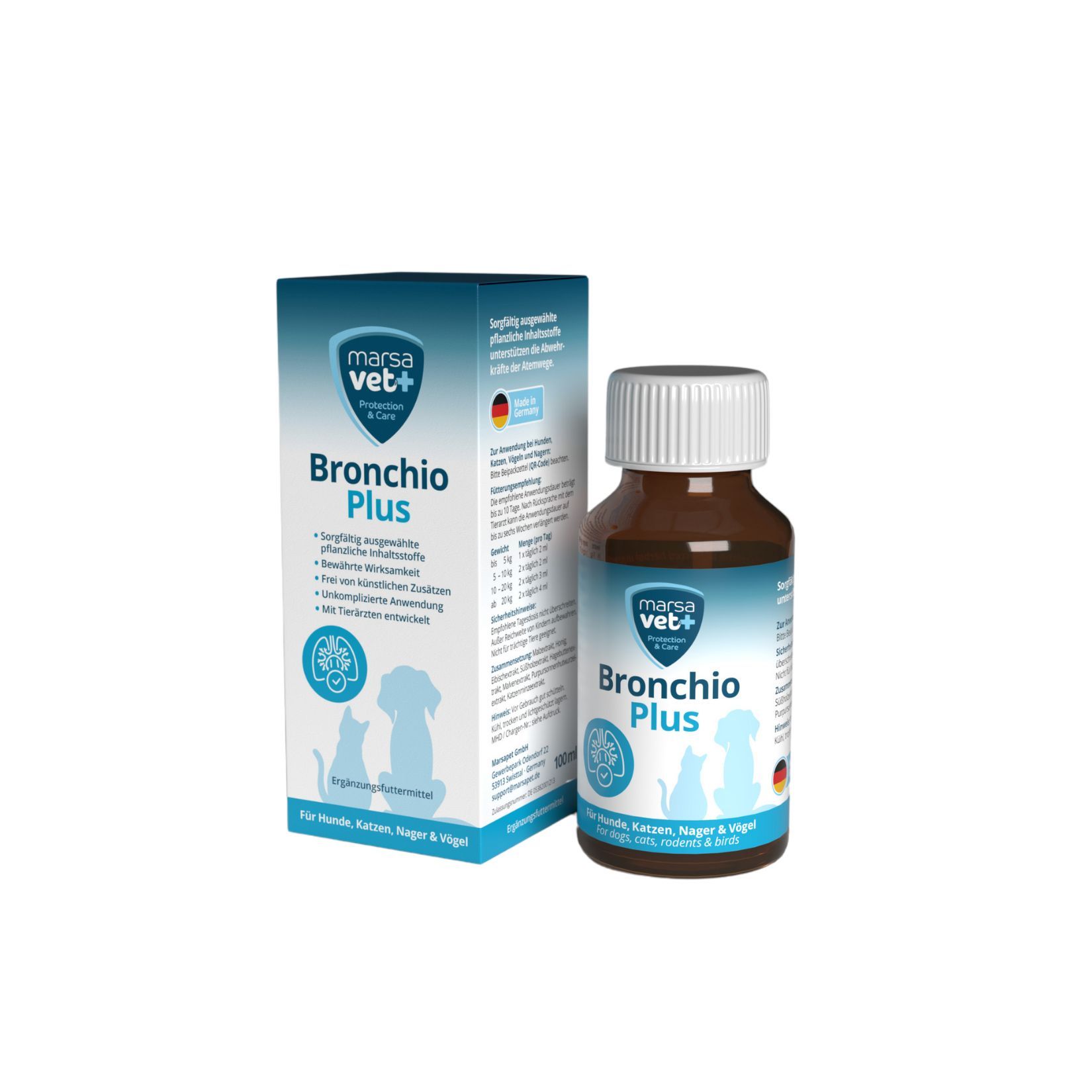 Bruine vloeistof in een fles met witte dop en een doos. Opschrift: Bronchio Plus.