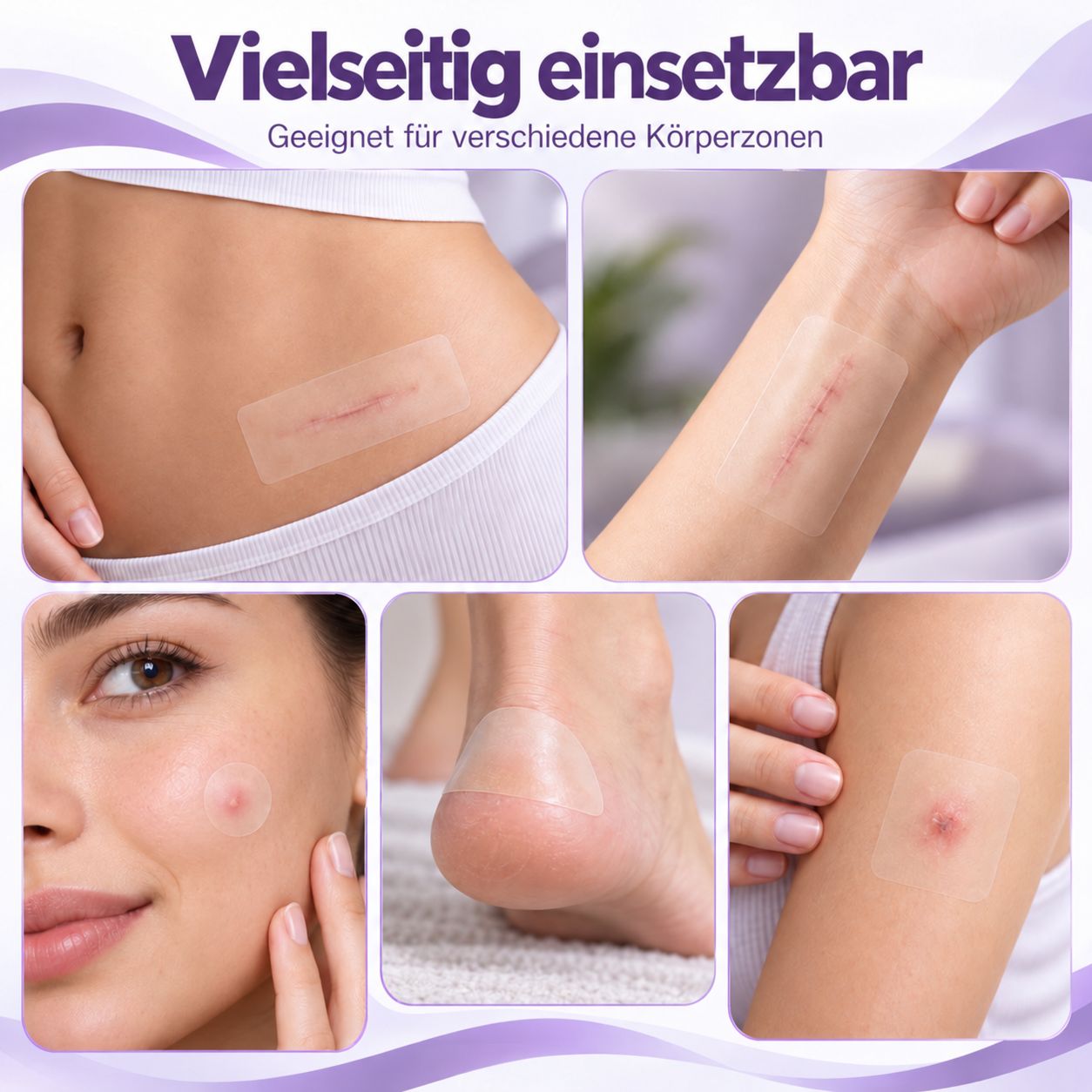 Exemples d'application : ventre, bras, visage, talon, épaule. Rouleau pansement hydrocolloïde.
