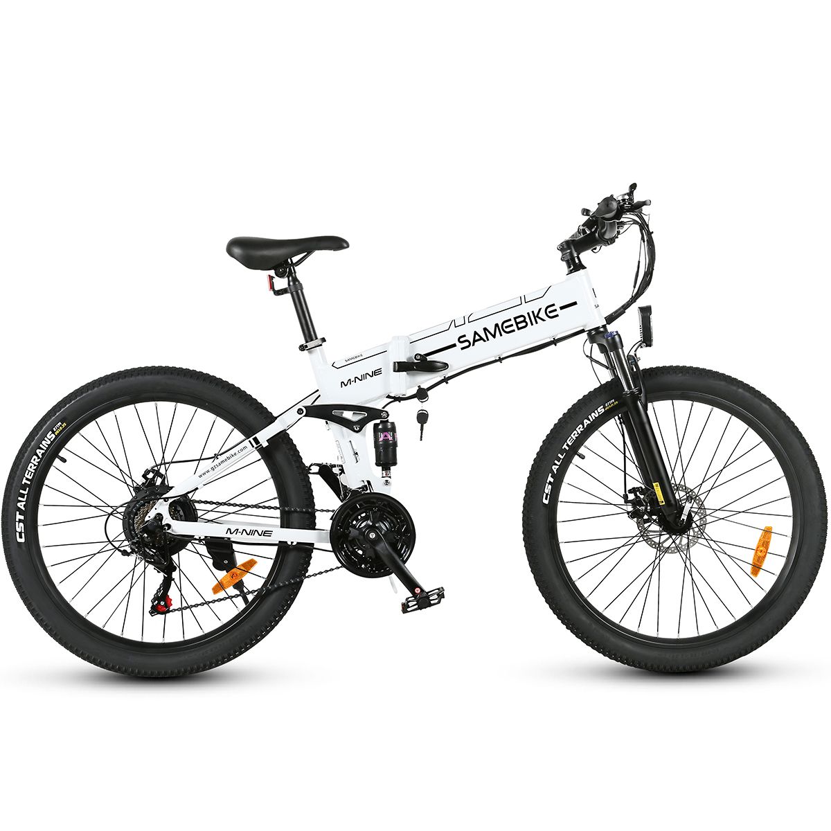 Vélo électrique pliable blanc et noir. Marque SAMEBIKE. Gros pneus, freins à disque. Détails : selle, guidon, pédales.