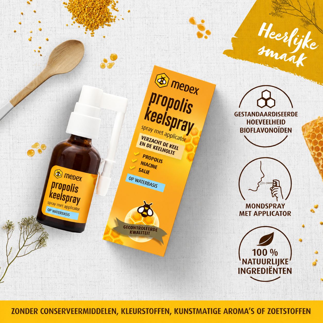 Medex Propolis keelspray met applicator, op waterbasis, ingrediënten-symbolen.