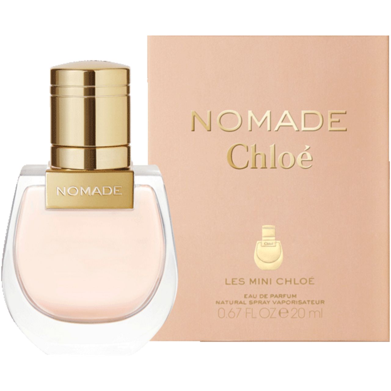 Parfumfles en verpakking. Fles met gouden dop en etiket. Verpakking met opschrift Nomade Chloé.