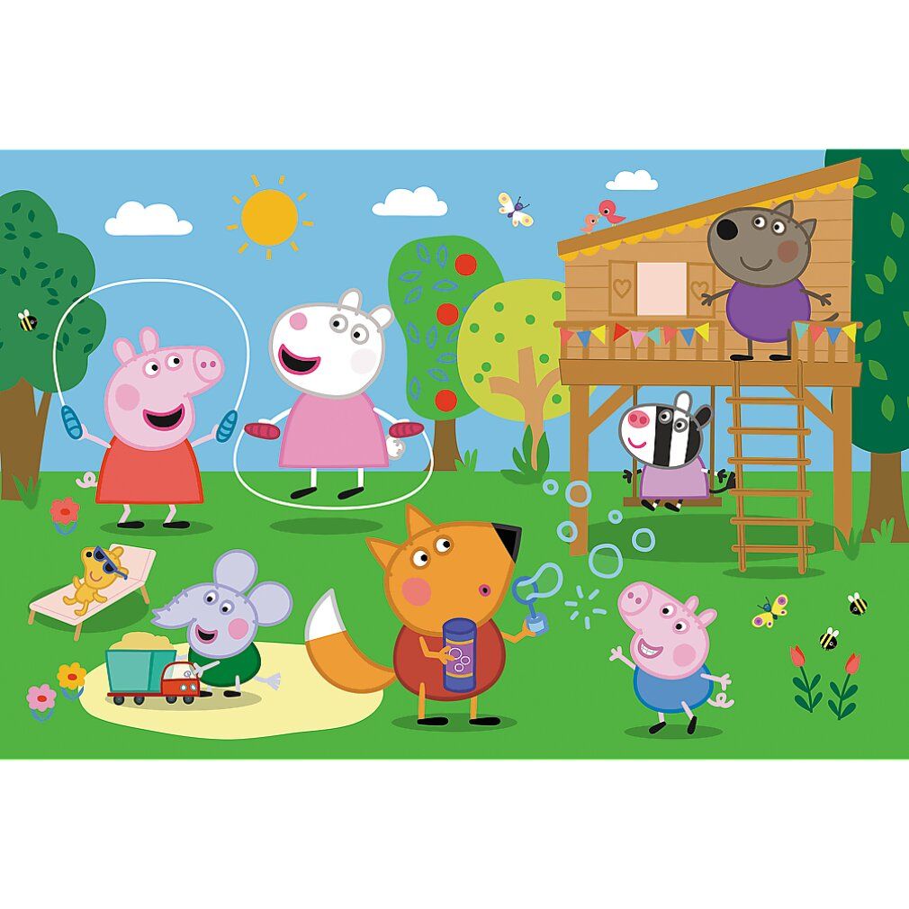 Puzzelscène met Peppa Pig en vrienden in de tuin. Personages touwtjespringen, spelen. Zon, boomhut, bloemen, vlinders.