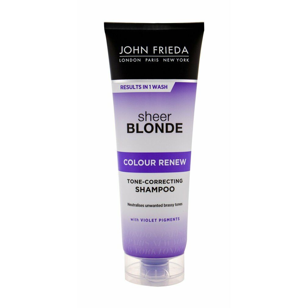 Tube de shampooing violet. Bouchon noir, texte blanc: John Frieda. Étiquette violette et blanche: sheer blonde, Colour Renew.