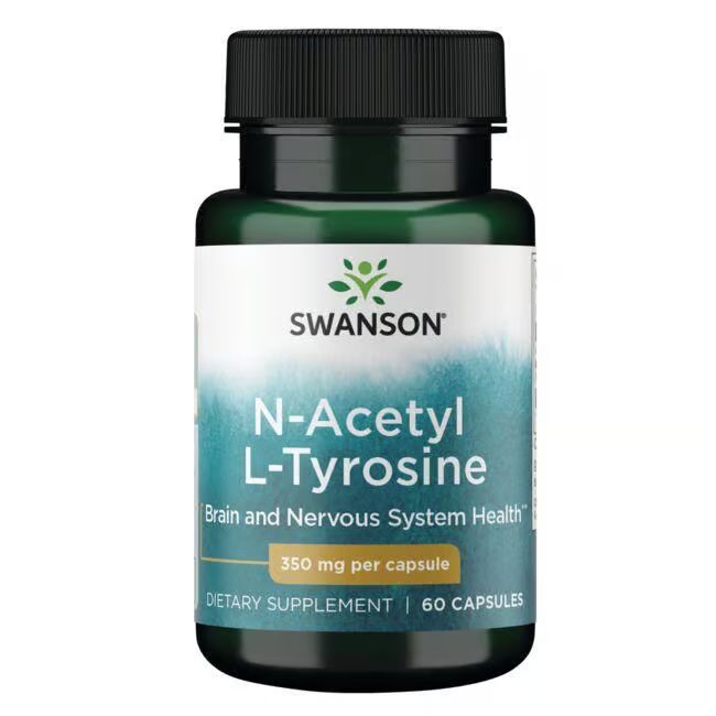 Groene fles met capsules. Opschrift: SWANSON, N-Acetyl L-Tyrosine, 350 mg per capsule. 60 capsules.
