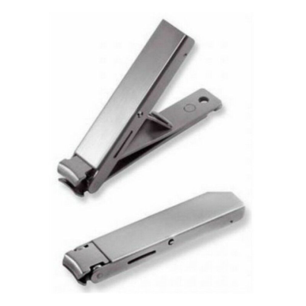 Deux coupe-ongles en acier inoxydable. Un ouvert, un fermé. Brillant métallique, sur fond blanc.