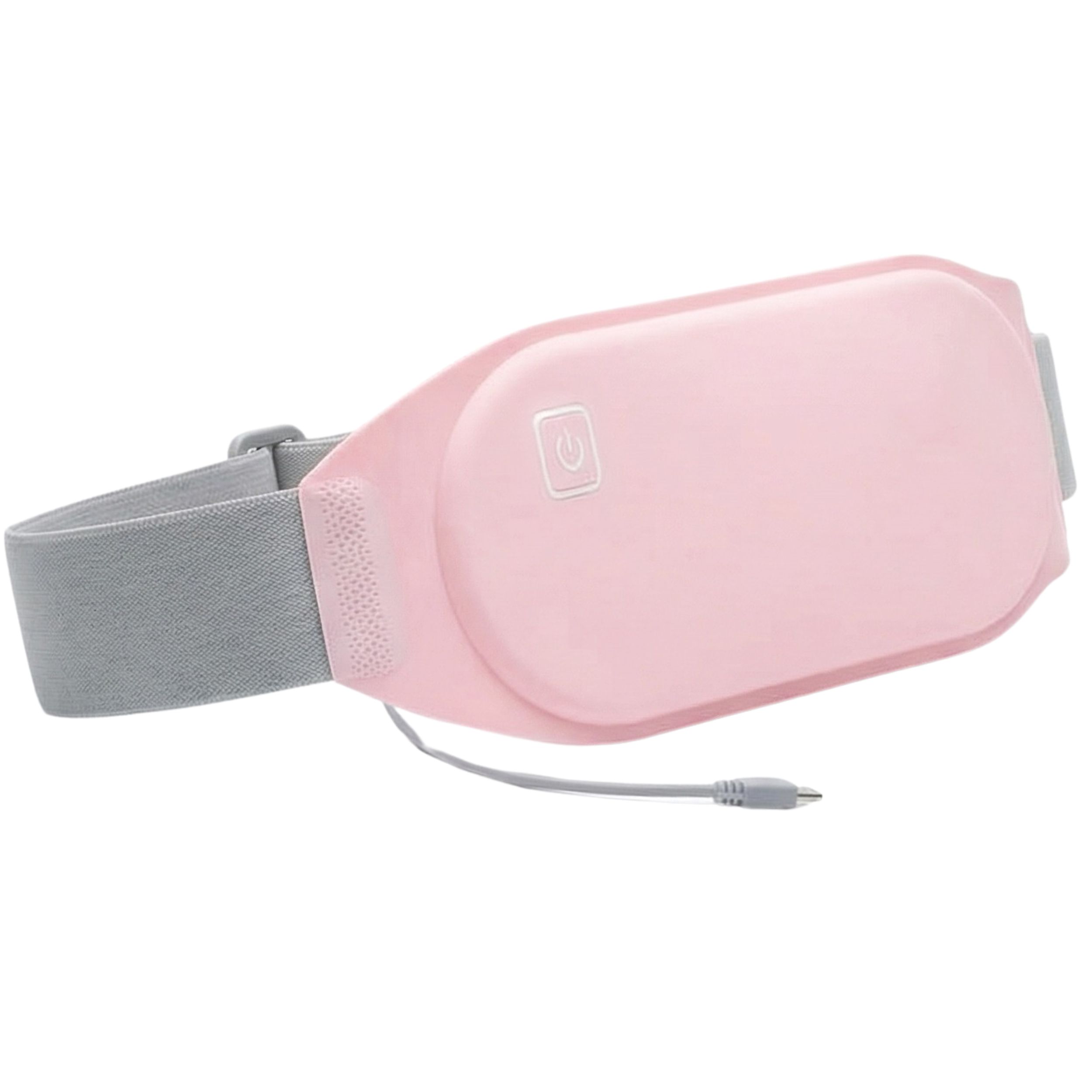 Ceinture abdominale rose avec bande grise et câble. Bouton marche/arrêt illustré sur la ceinture.