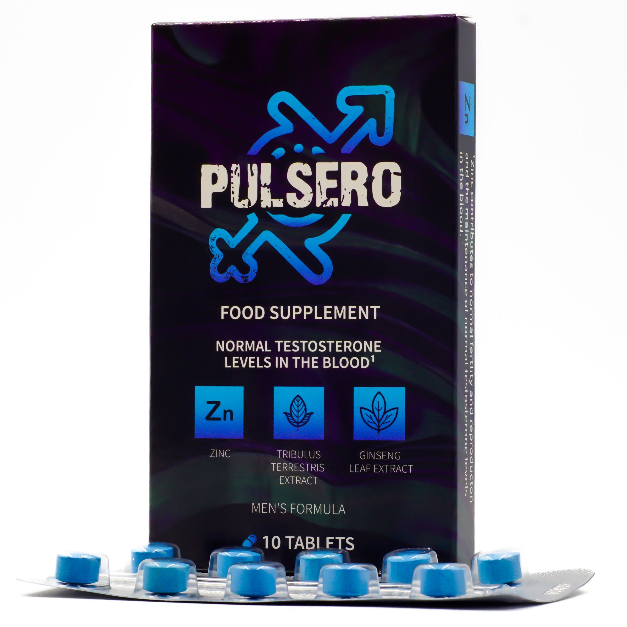 Doosje met blauwe tabletten. Opschrift: PULSERO, voedingssupplement, Men's Formula. 10 tabletten.