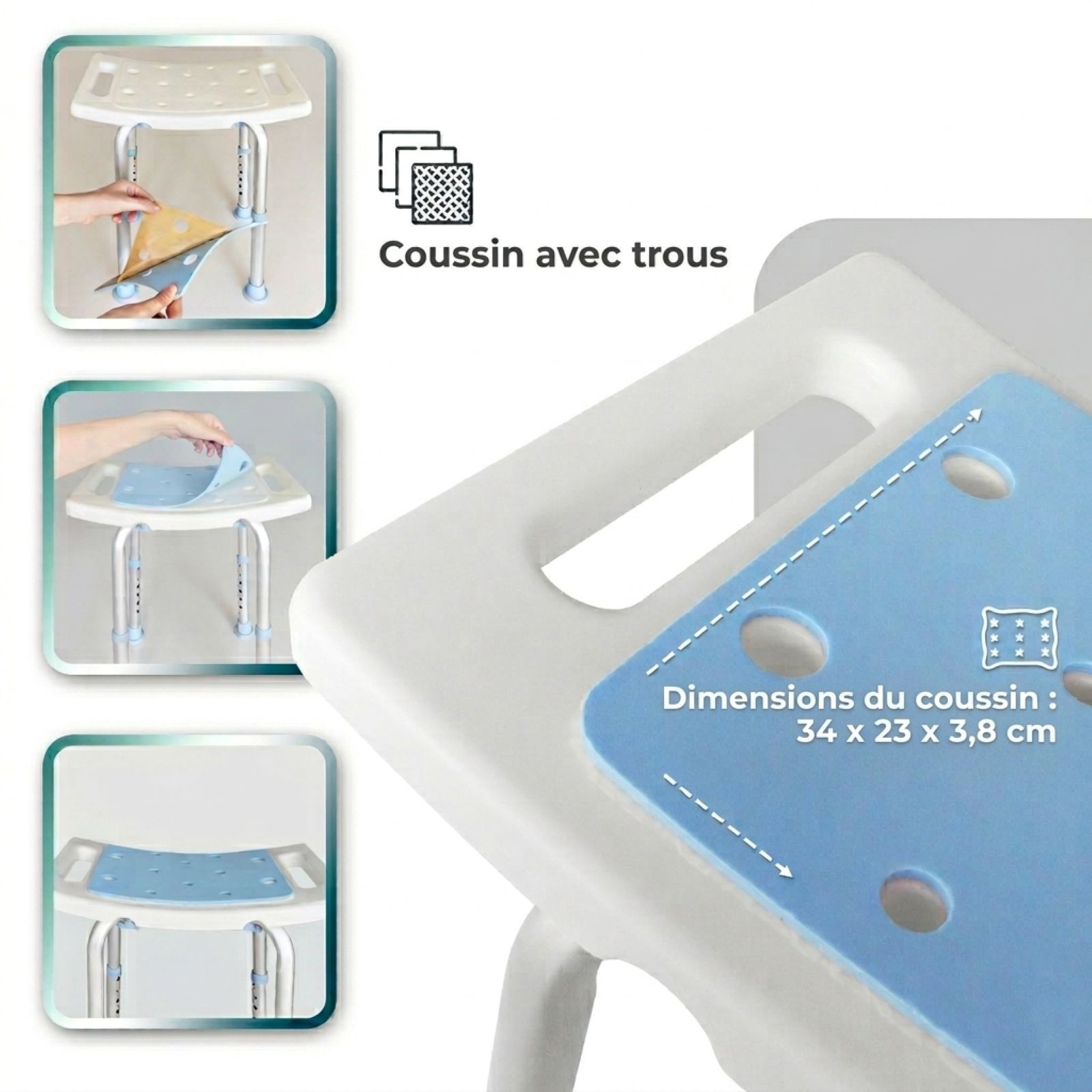 Tabouret de douche bleu. Coussin avec trous. Dimensions du coussin : 34 x 23 x 3,8 cm. Gros plan.