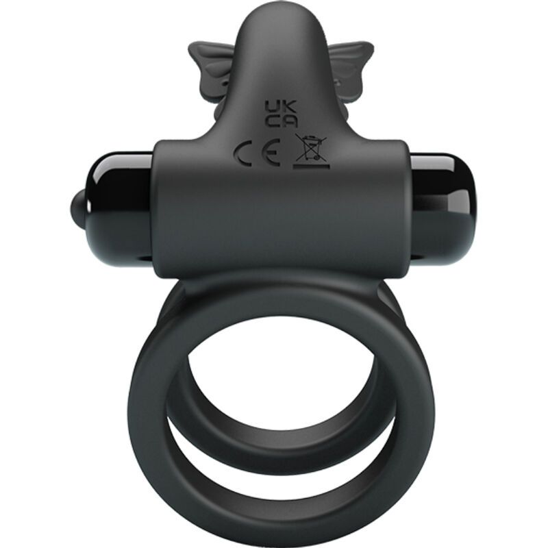 Zwarte dubbele penisring vibrator met vlinderdetail, zijaanzicht.