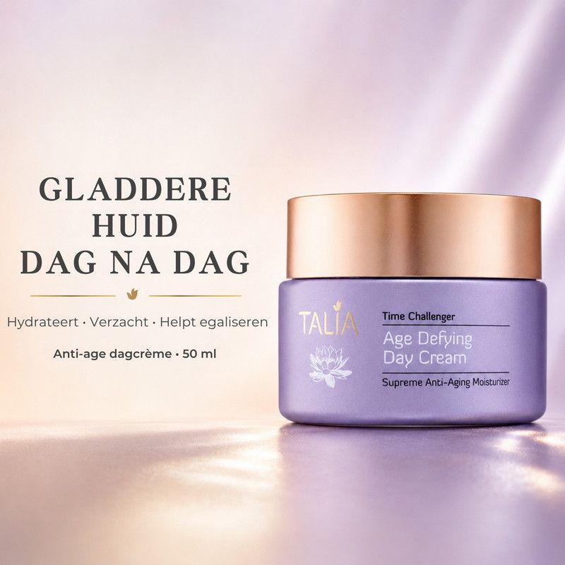 Verpakking van dagcrème van Talia, met opschrift 'Age Defying Day Cream'.