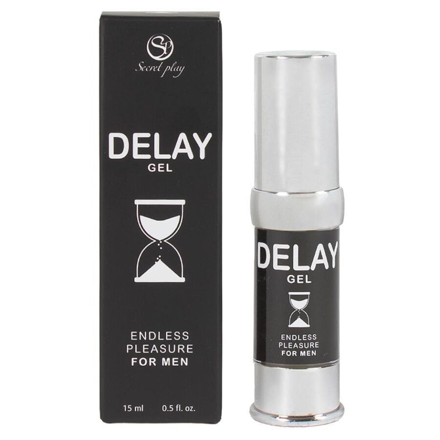 Zwarte verpakking en fles. Opschrift: DELAY GEL, ENDLESS PLEASURE FOR MEN. Zandloper-symbool. Secret Play logo.