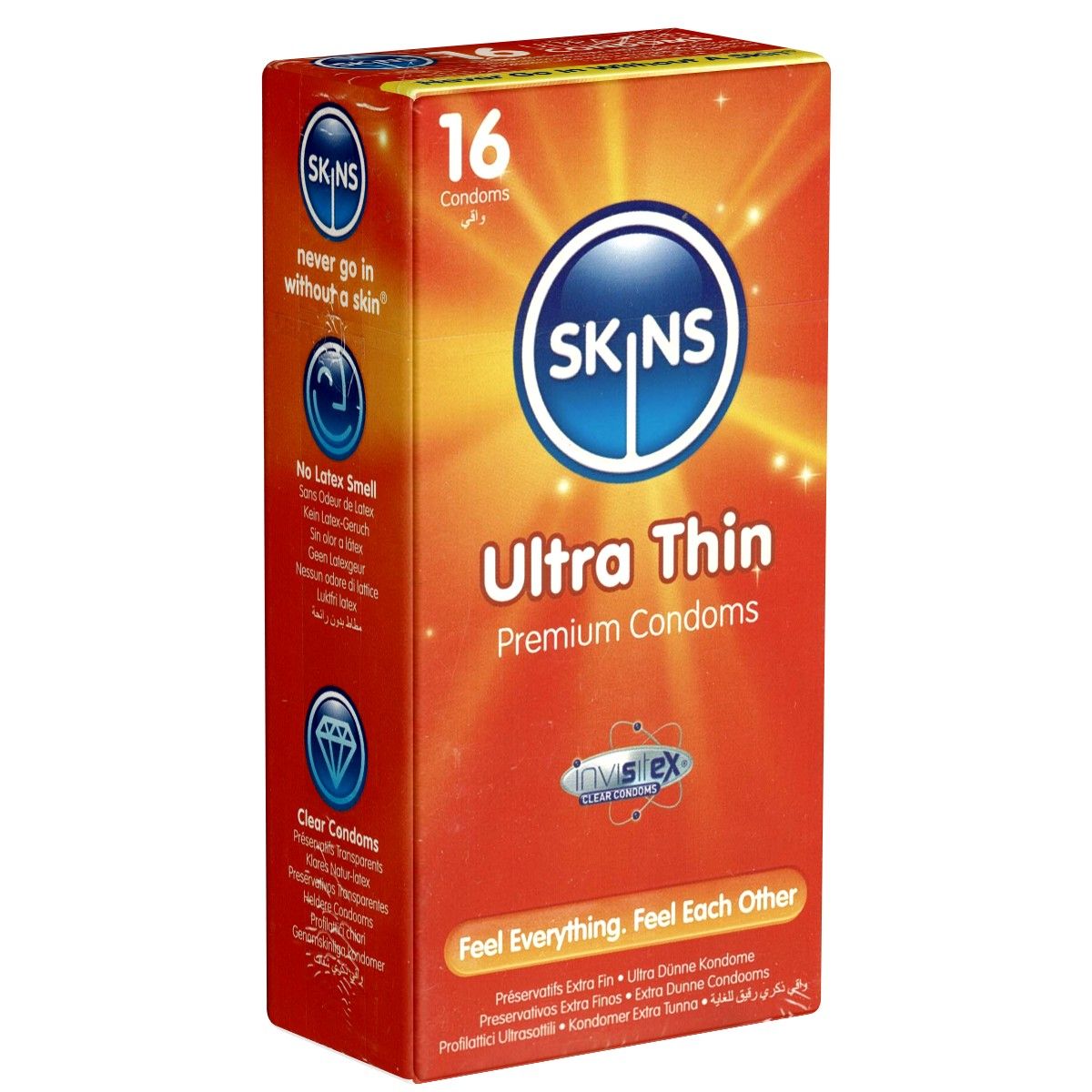 Boîte de préservatifs SKINS Ultra Thin. Contient 16 préservatifs. Emballage rouge avec nom et logo du produit.