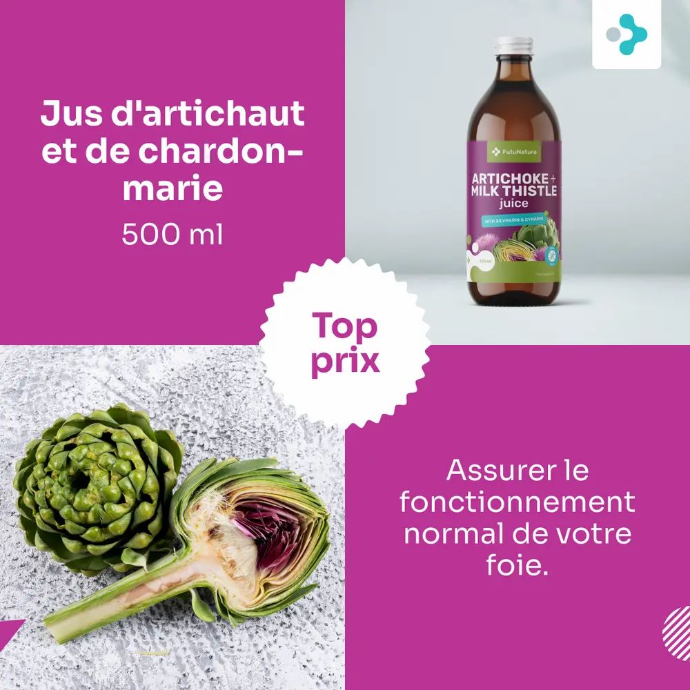 Bouteille de produit avec étiquette. Texte : Jus d'artichaut et de chardon-marie, 500 ml. Moitié d'artichaut. Logo.