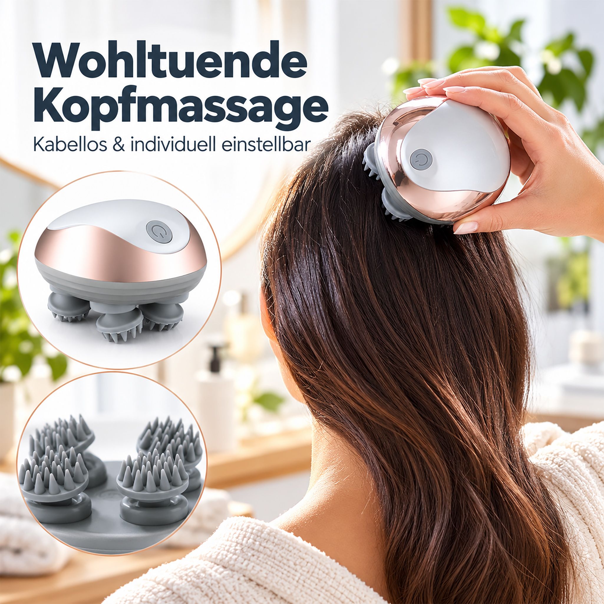 Draadloze hoofdmassager met vier roterende massagekoppen en roségouden accenten.