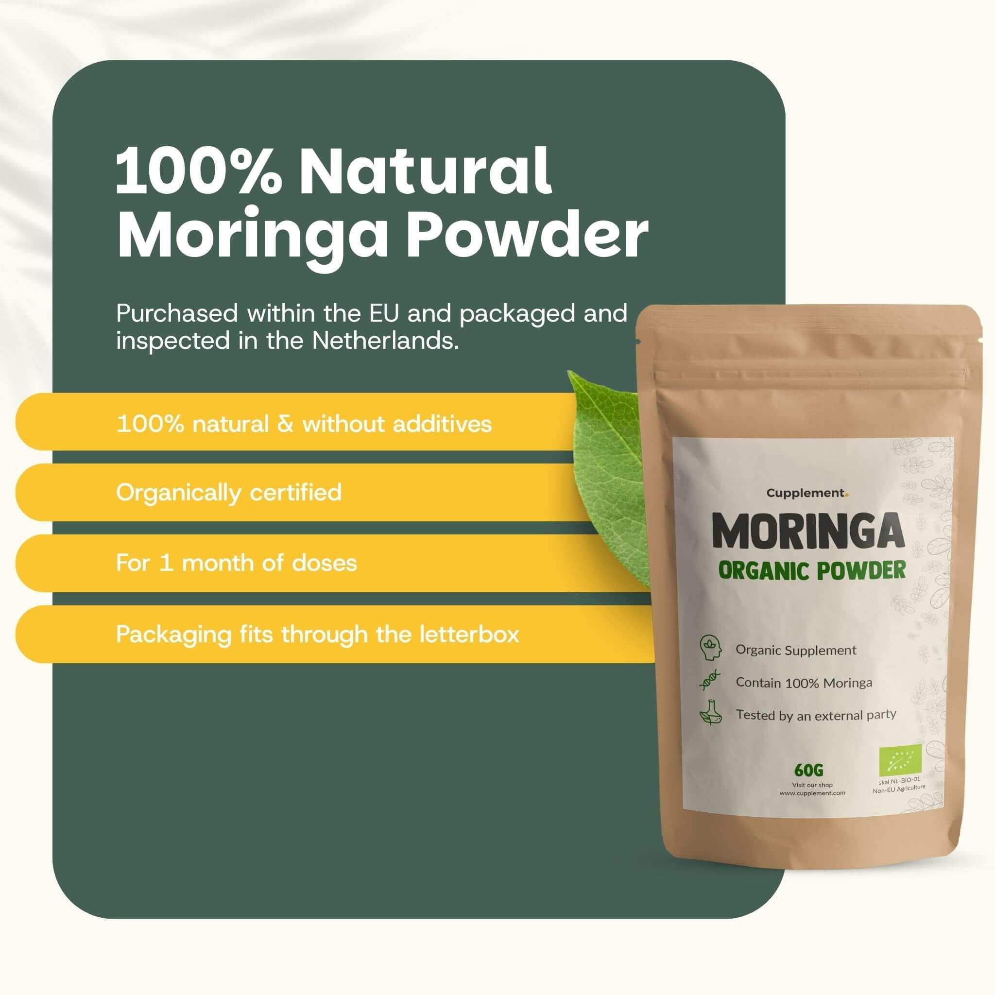 Sachet brun Cupplement Moringa BIO. Texte : poudre 100% naturelle, certifiée bio, pour 1 mois. 60g.