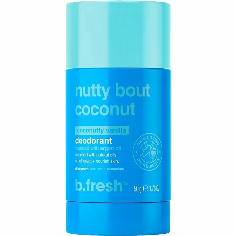 Blauwe deodorantstick met lichtblauwe dop. Opschrift: Nutty Bout Coconut, Deodorant, 50g, B.fresh. Met Skin Loving Ingredients zegel.
