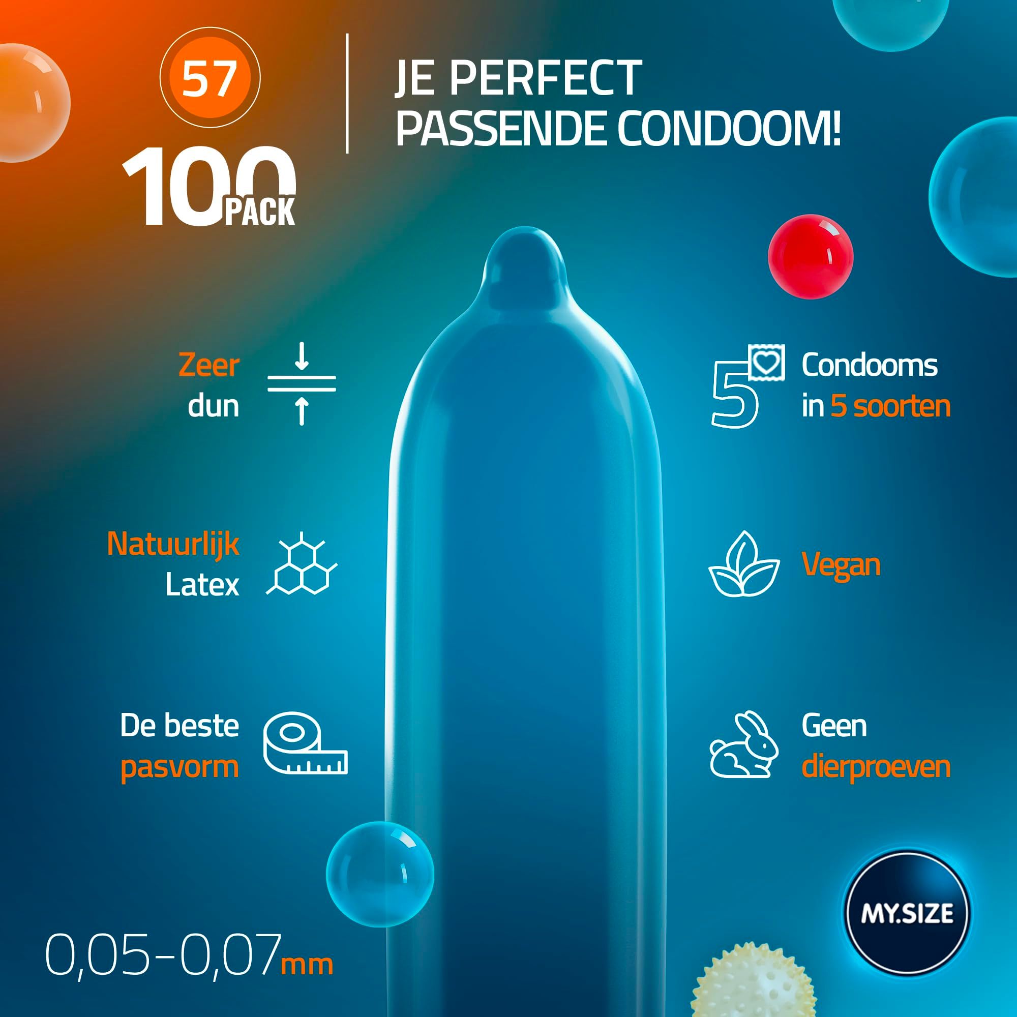 Verpakking van 100 condooms, maat 57, van natuurlijk latex, zeer dun, 0,05-0,07mm dik.