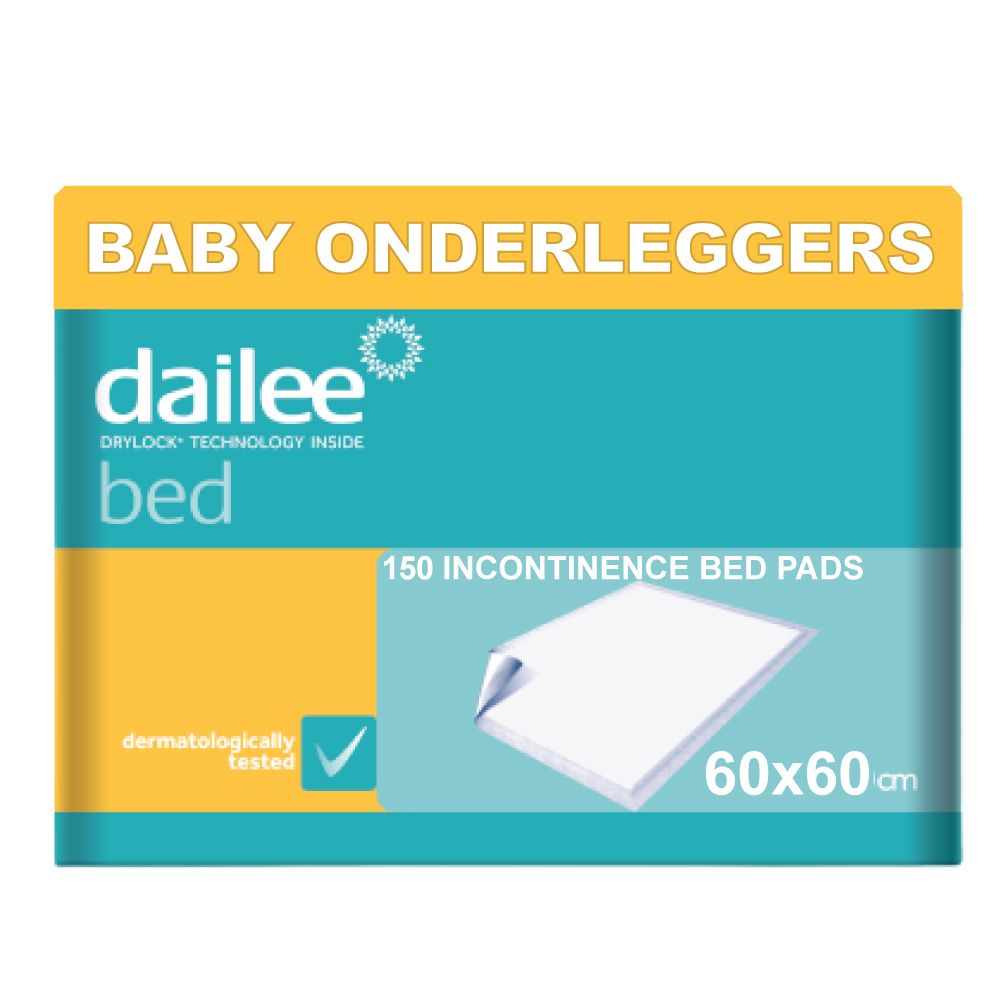 Dailee Bed incontinentie bedonderlegger, 150 stuks. Verpakking met productafbeelding en logo.