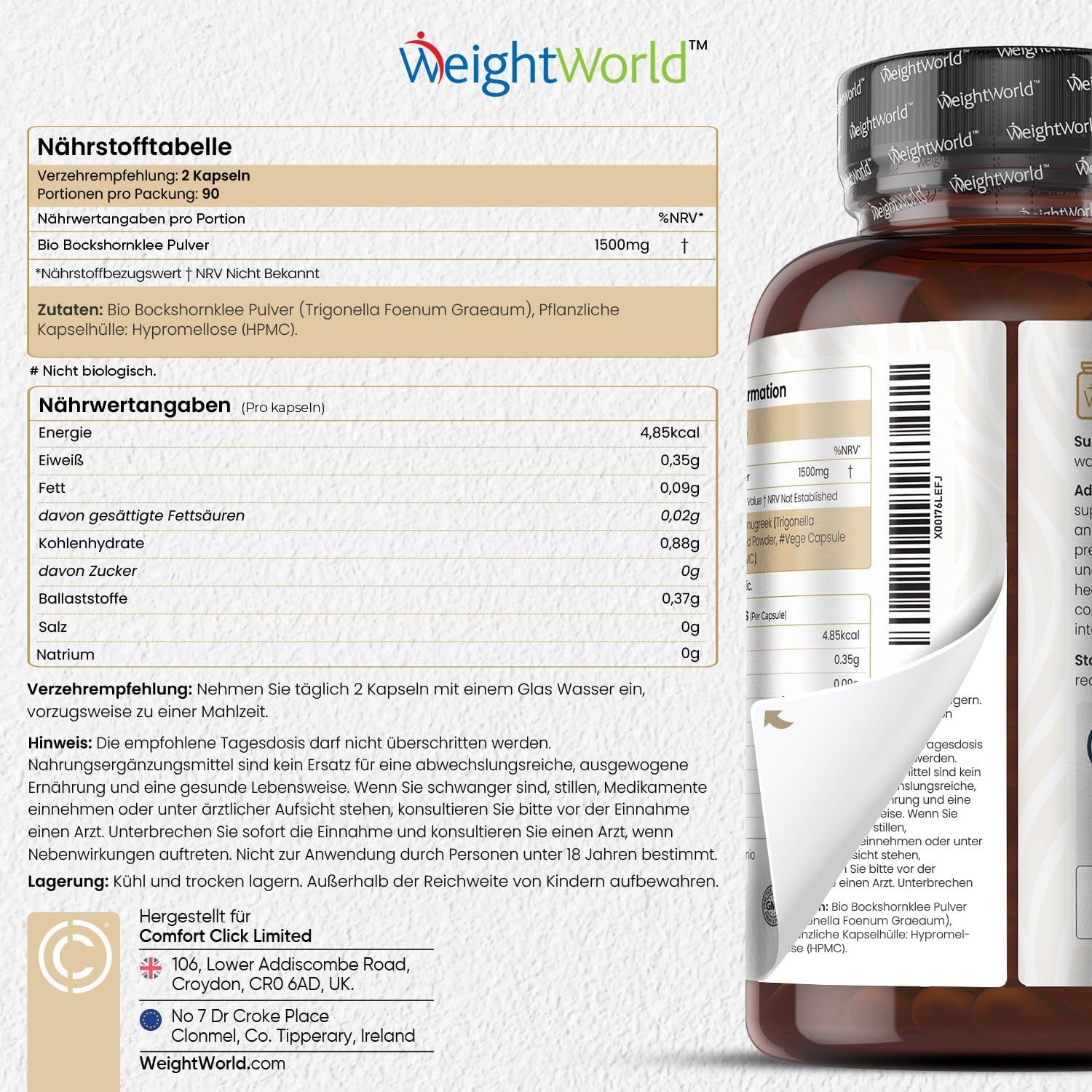 Etiket van een fles met voedingswaardetabel. Tekst: Voedingswaardetabel, ingrediënten, aanbevelingen voor gebruik, informatie. Fabrikant: Comfort Click Limited.