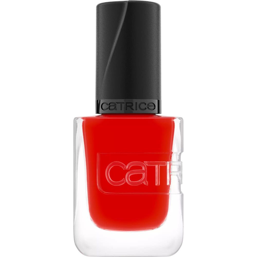 Vernis à ongles rouge Catrice. Flacon avec bouchon noir. Marque Catrice sur le flacon.