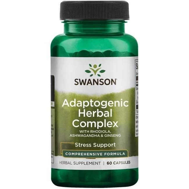Flacon vert de Swanson Adaptogenic Herbal Complex. Contient Rhodiola, Ashwagandha et Ginseng. 60 gélules.