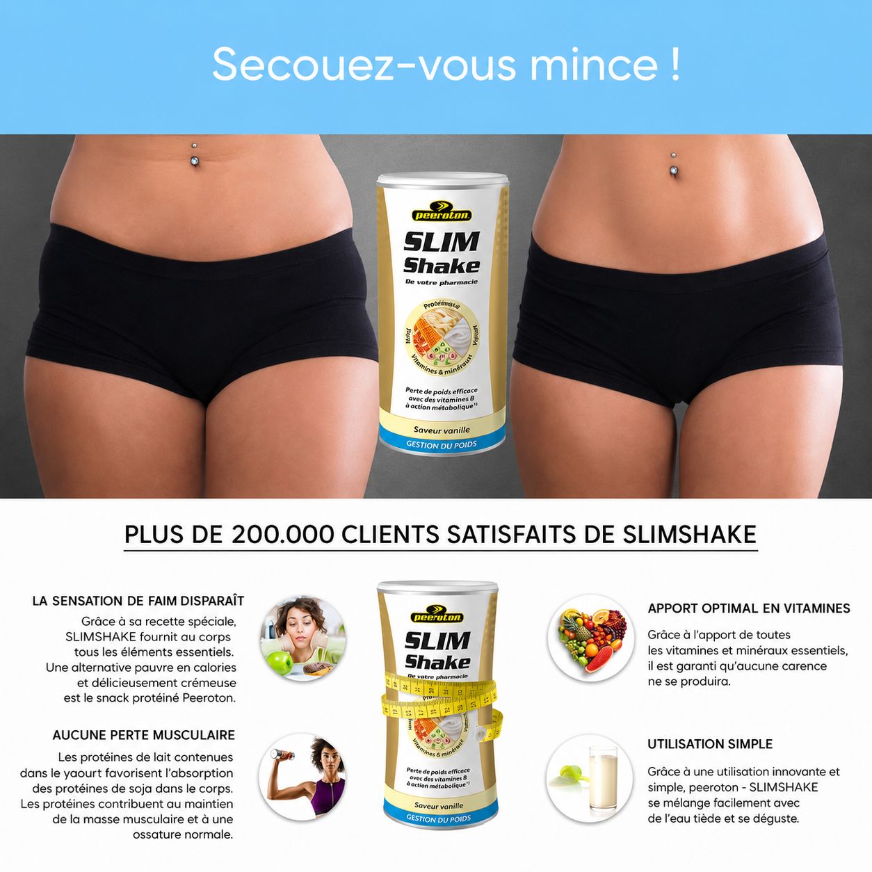 Boîte Peeroton Slim Shake Vanille avec shaker et informations nutritionnelles.